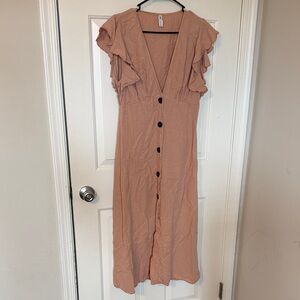 Zara Tan Midi Dress with Ruffle Sleeves